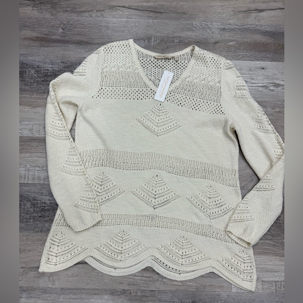 Soft Surroundings Women's ivory Knit Cotton V- Neck Sweater Size Large